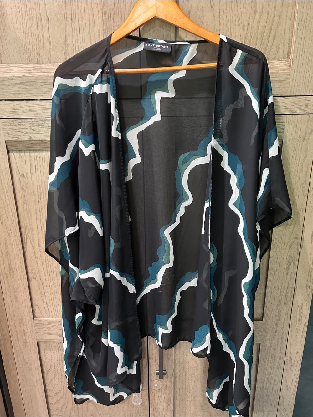Lane Bryant Black Teal White Abstract Sheer Kimono